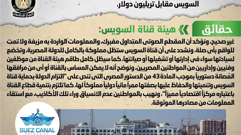 الحكومة تنفي اعتزامها بيع قناة السويس مقابل تريليون دولار